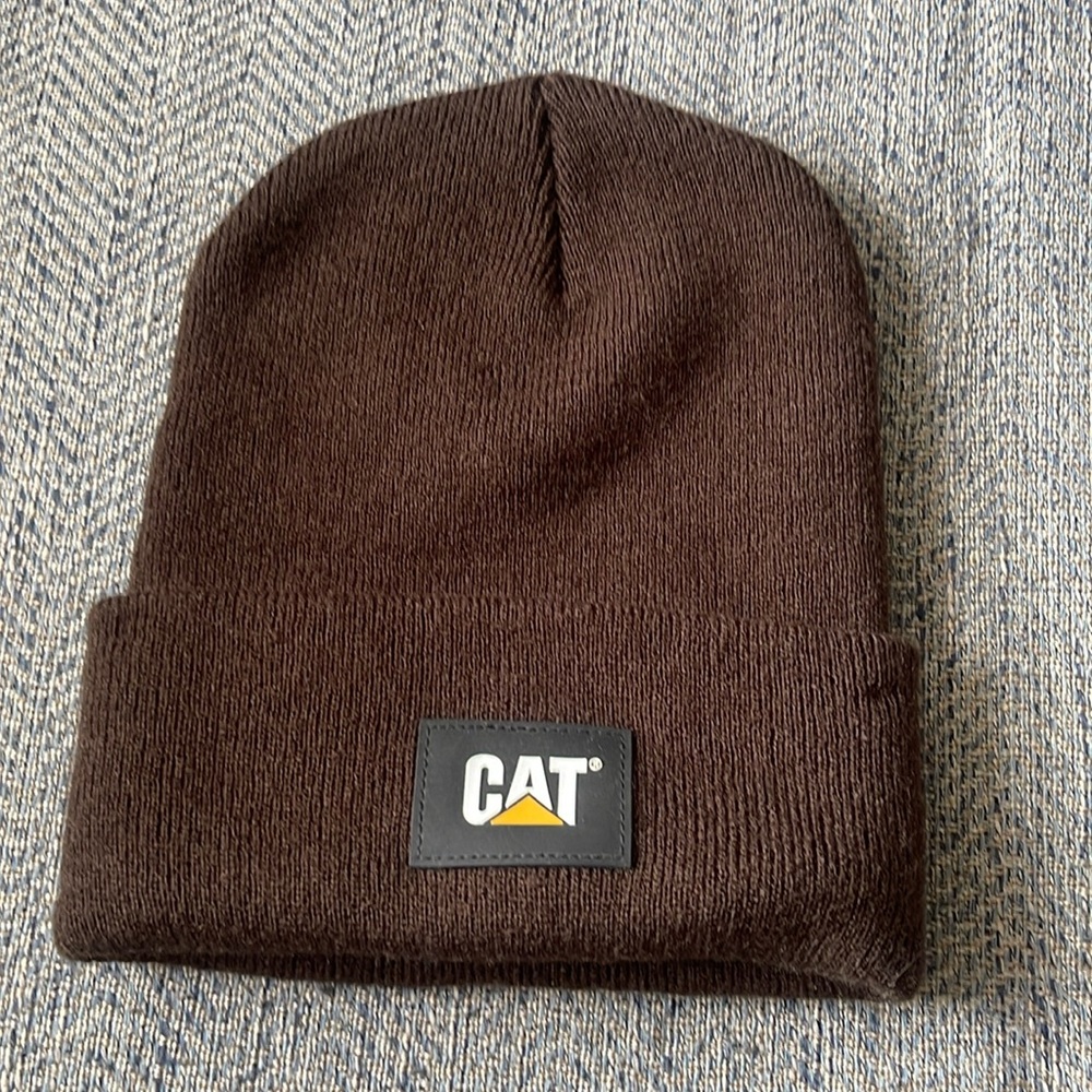 CAT Caterpillar Black/White Logo Patch Cuff Knit Construction Winter Beanie Hat